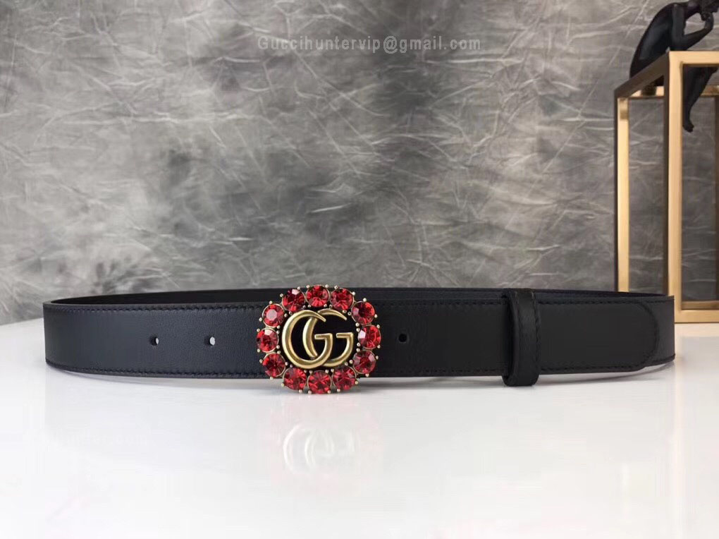 Gucci Black Leather Belt With Double G And Crystals 30mm